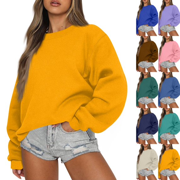 Sweatshirt for Women Oversized Crewneck Fall Outfits, Long Sleeve Cute Fleece Pullover Top,Loose Fit Soft Teen,Work&Casual Daily Lounge Wear, Winter Cozy Clothes Yellow XXL