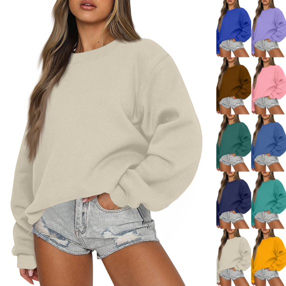 Sweatshirt for Women Oversized Crewneck Fall Outfits, Long Sleeve Cute Fleece Pullover Top,Loose Fit Soft Teen,Work&Casual Daily Lounge Wear, Winter Cozy Clothes Khaki M