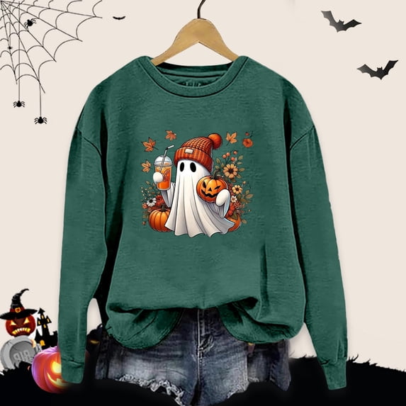 Sweatshirt for Women Oversized Halloween Fall Ghost Pumpkin Floral Graphic Long Sleeve Pullover Crew Neck Streetwear Y2K Casual Loose Fit Top Dark Green M