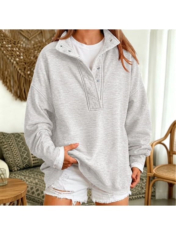 Sweatshirt for Women Oversized Henley Neck Pullover Top Fall Outfits,Snap Button Up Pullover Tops,Quilted Placket Detail,Loose Drop Shoulder Fit,Tunic Sweatshirt,Fall Winter Fashion Outfits Grey L