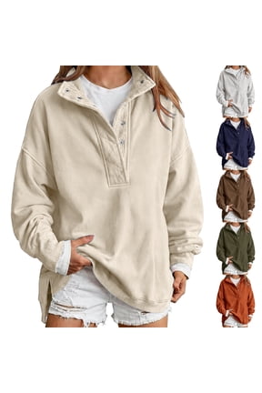 Sweatshirt for Women Oversized Henley Neck Pullover Top Fall Outfits,Snap Button Up Pullover Tops,Quilted Placket Detail,Loose Drop Shoulder Fit,Tunic Sweatshirt,Fall Winter Fashion Outfits Beige S