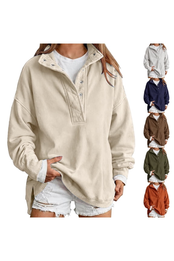 Sweatshirt for Women Oversized Henley Neck Pullover Top Fall Outfits,Snap Button Up Pullover Tops,Quilted Placket Detail,Loose Drop Shoulder Fit,Tunic Sweatshirt,Fall Winter Fashion Outfits Beige S