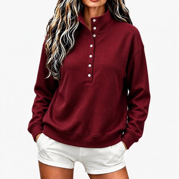 Sweatshirt for Women Qiggri Women's Waffle Knit Stand Collar Sweatshirt Half Button Long Sleeve Loose Pullover Top With Pockets Lightweight Fall Top XXL