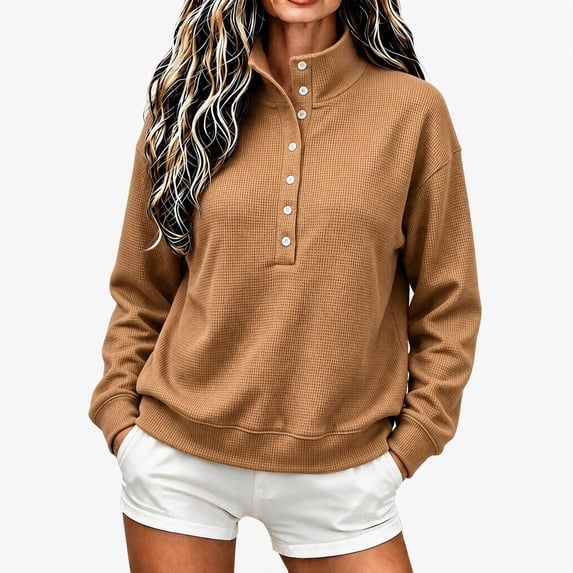 Sweatshirt for Women Qiggri Women's Waffle Knit Stand Collar Sweatshirt Half Button Long Sleeve Loose Pullover Top With Pockets Lightweight Fall Top XXL