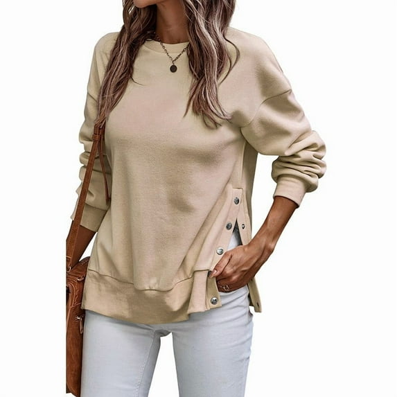 Sweatshirt for Women Ribbed Hoodie Longline Oversized Workout Style Women's Casual Round Neck Hoodie Split Hem Button Detail Pullover Sweatshirt For Everyday Wear Outing And Light Sports