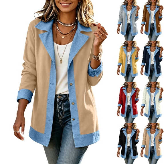 Sweatshirt For Women Solid Color Turn-down Collar Denim Contrast Long Sleeve Collared Button-Front Jacket Casual Outerwear Fall Winter Sweatshirts Outfits 2026 Trendy Clothes
