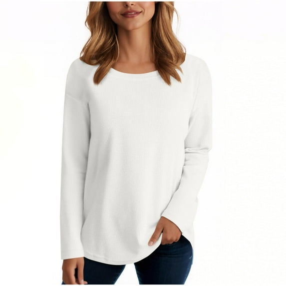 Sweatshirt Women Waffle Knit Top Woman Crew Neck Pullover Solid Color Long Sleeve Tops Loose Fit Sweaters Casual Pullover Tops for Leggings Plain Fall Tunics White XL