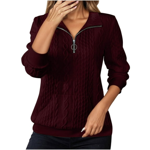 Sweatshirt For Women Wine Crewneck Sweatshirt Solid Color Daily Half Zip Long Sleeve Athletic Sweatshirt Hoodless Pullover For Casual Wear Fall Winter