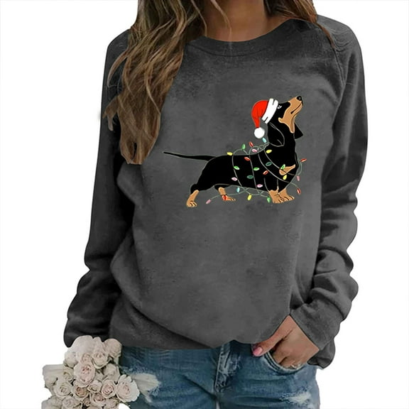 Sweatshirt for Women Winter Christmas Dog Printed Long Sleeve Crew Neck Pullover Tops Regular Casual Cozy Soft Loose Fall Womens Sweatshirts Dark Gray S