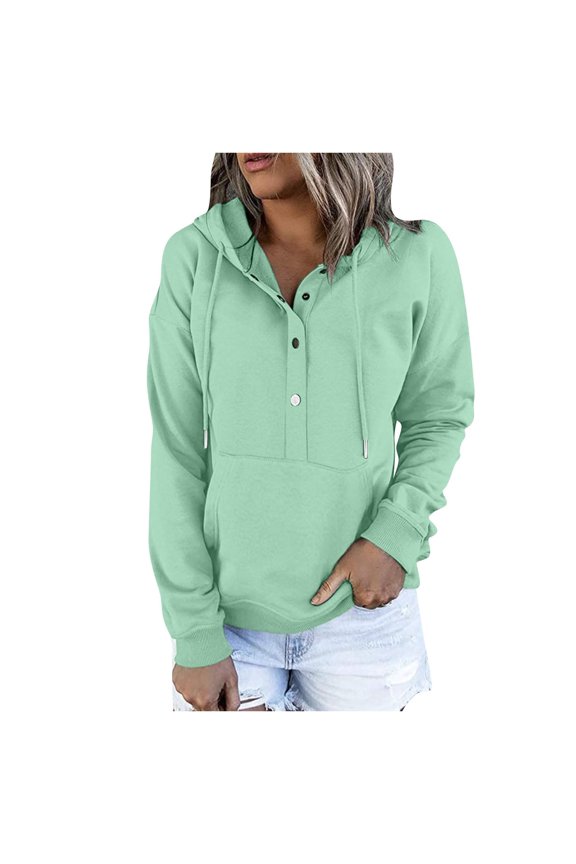 Sweatshirt Women Winter Fall Loose Fit Hooded Long-sleeved Mitten-Cuff One Shoulder Button Down Solid Color Leisure Polyester Hoodies Sweatshirts(Mint Green,M)