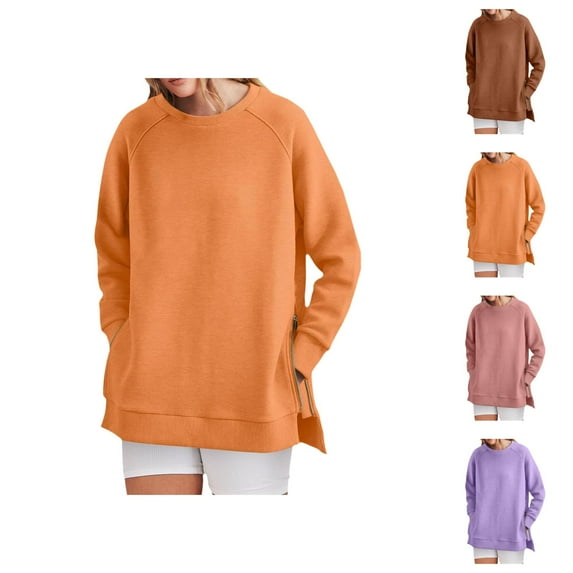 Sweatshirt for Women Women's Solid Color Sweatshirt Women's Crew Neck Sweatshirt Loose Fit Oversized Pullover With Zippered Side Slits Long Sleeved Tops For Fall Fashion