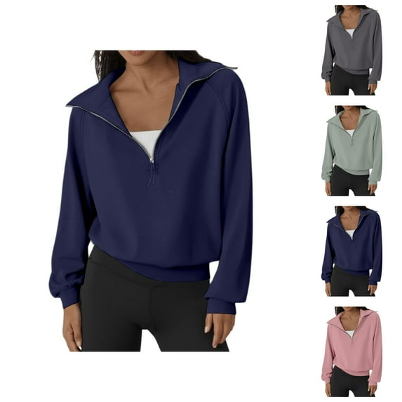 Sweatshirt Women Women's Solid Sweatshirt Women's Zip Up Hoodless Sweatshirt Casual Long Sleeve Pullover For Spring Fall Daily Wear With Jeans Comfortable Lightweight Soft Pure Color