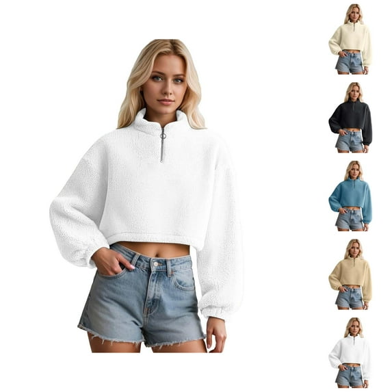 Sweatshirt Women Women's Solid Sweatshirt Women's Zip Up Sweatshirt Half High Neck Long Sleeve Cropped Pullover Soft Warm Casual Winter Fall Spring Tops Outerwear