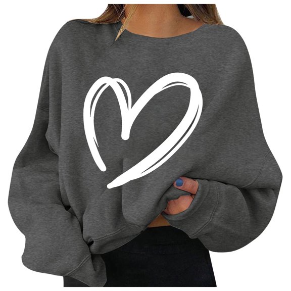 Sweatshirt for Women Women's Valentine's Day Couples Matching Heart Print Crewneck Long Sleeve Festive Hoodless Sweatshirt Womens Hoodies Dark Gray XL