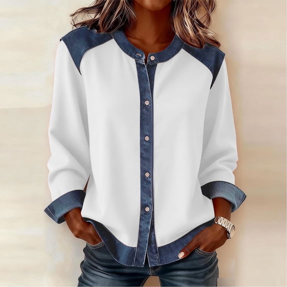 Sweatshirt for Women,Womens Solid Color Button Accent Lapel Pullover Long Sleeve Denim Patchwork Soft Breathable Casual Daily Wear Sweatshirt Top White L