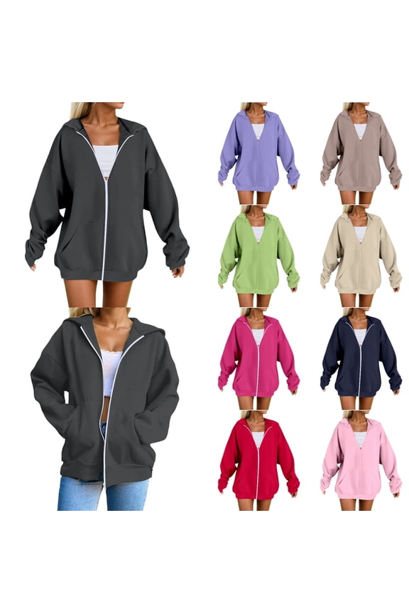 Sweatshirt for Women Zip Up Plus Size Hooded Casual Loose Fit Soft Comfortable Pullover Sweatshirt Long Sleeve Warm Winter Fall Coats for Women 2025 Dark Gray XXL