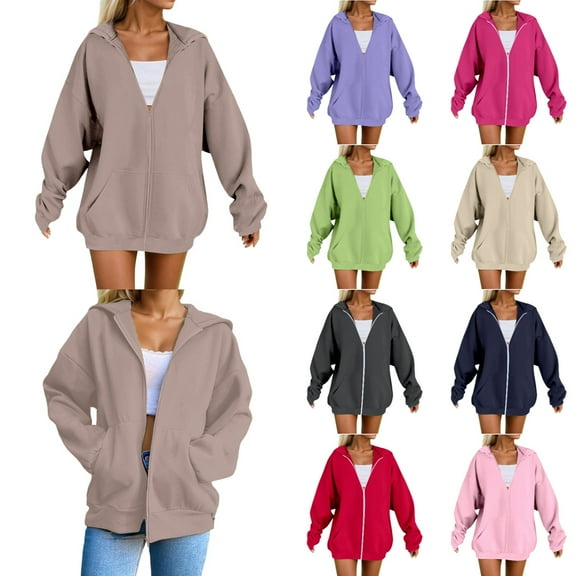 Sweatshirt for Women Zip Up Plus Size Hooded Casual Loose Fit Soft Comfortable Pullover Sweatshirt Long Sleeve Warm Winter Fall Coats for Women 2025 Khaki XXXXL
