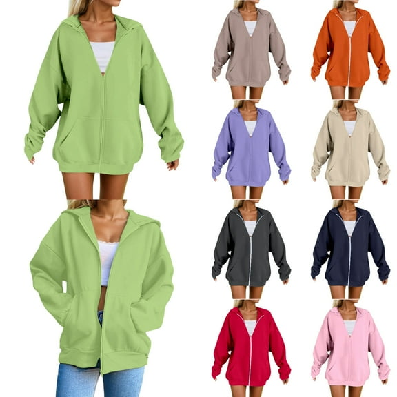 Sweatshirt for Women Zip Up Plus Size Hooded Casual Loose Fit Soft Comfortable Pullover Sweatshirt Long Sleeve Warm Winter Fall Coats for Women 2025 Light Green L
