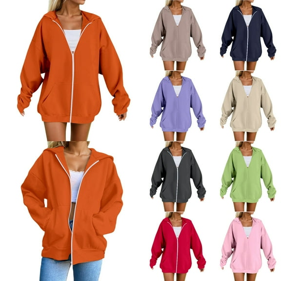 Sweatshirt for Women Zip Up Plus Size Hooded Casual Loose Fit Soft Comfortable Pullover Sweatshirt Long Sleeve Warm Winter Fall Coats for Women 2025 Orange XXXXXL