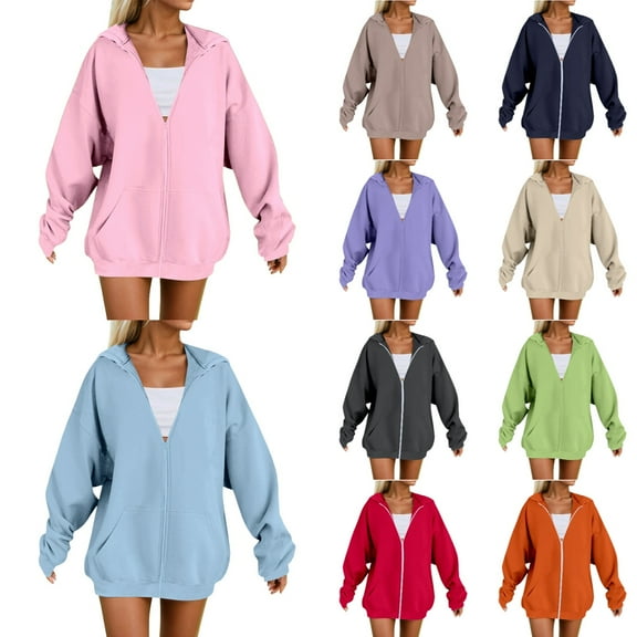 Sweatshirt for Women Zip Up Plus Size Hooded Casual Loose Fit Soft Comfortable Pullover Sweatshirt Long Sleeve Warm Winter Fall Coats for Women 2025 Pink XXL