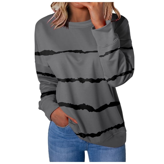 Sweatshirt for Women Zip Up Winter Fall Relaxed Fit Crewneck Long Sleeve Dolman Drop Shoulder Flowy Striped Leisure Cotton Top Tunic Tops(Dark Gray,L)