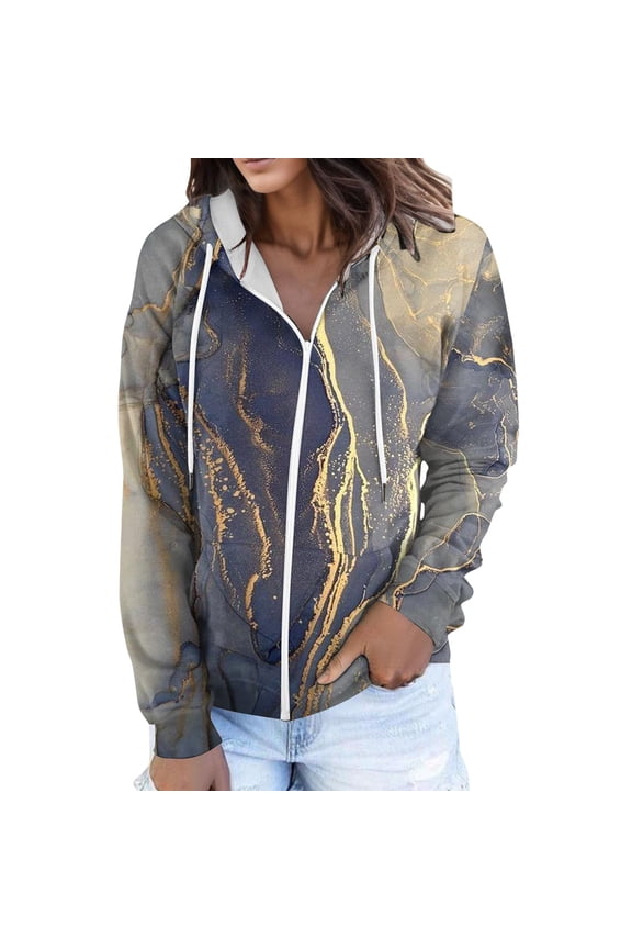 Sweatshirt for Women With Zipper Fall Oversized Hooded Long-sleeved Bubble Cuff Drop Shoulder Drawstring 3D Digital Printed Leisure Polyester Sweatshirts Hoodies(Grey,M)