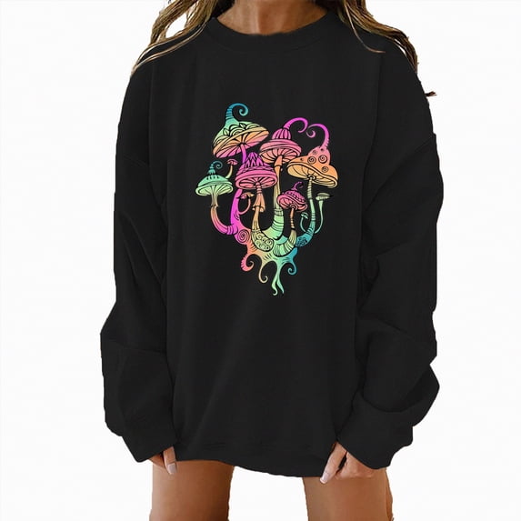 Sweatshirt for Women With Zipper Fall Winter Comfy Crew Neck Long Sleeve Batwing Off the Shoulder Mushroom Print Leisure Cotton Hoodie Sweatshirt(Black,XL)