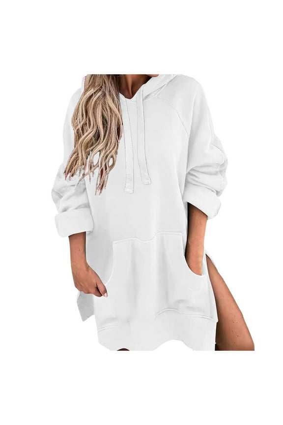 Sweatshirt for Women With Zipper Fall Winter Loose Fit Hooded Long-sleeved Blouson Drop Shoulder Hoody Plain Leisure Cotton Hoodie Sweatshirts(White,XXL)