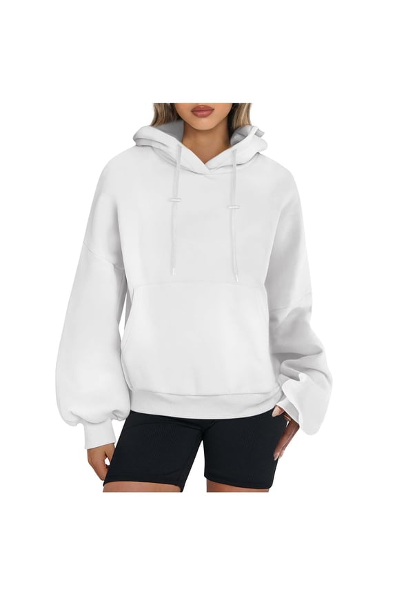 Sweatshirt for Women With Zipper Winter Fall Loose Hooded Puff Sleeves Blouson Drop Shoulder with Pocket Solid Color Leisure Cotton Tops Pullover(White,M)