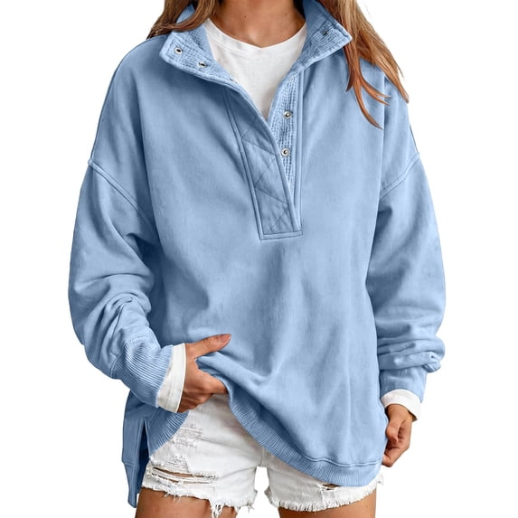Sweatshirt for Women,button Collar Sweatshirt Henley Y2k Collar Relaxed Fit, Casual, Trendy, Daily Outfits Mock Neck Cotton Blend Quilted Placket Pullover Tops,Light Blue,M