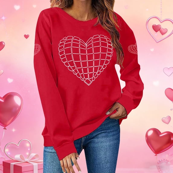 Sweatshirt for Women Graphic Heart Print Crewneck Long Sleeve Loose Fit Casual Pullover Tops Fashion Festive Heart Pattern Clothes for Daily Wear