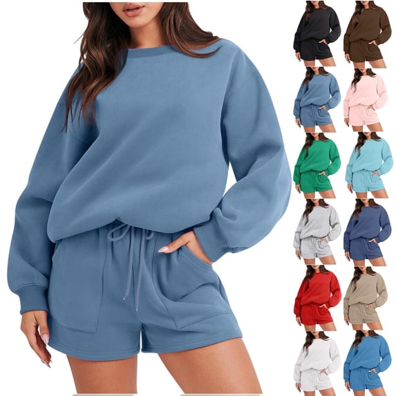 Sweatshirt and Shorts Set Women Casual Fall Oversized Crew Neck Sweatshirt, Drawstring Elastic Waist Shorts 2 Piece Sweatsuit Matching Sets, L