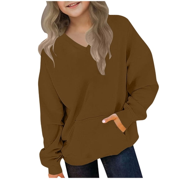 Sweatshirt For Girls Casual Pullover Going Out Tops V Neck Long Sleeve Fall Fleece Sweatshirt With Pockets Size 2-12