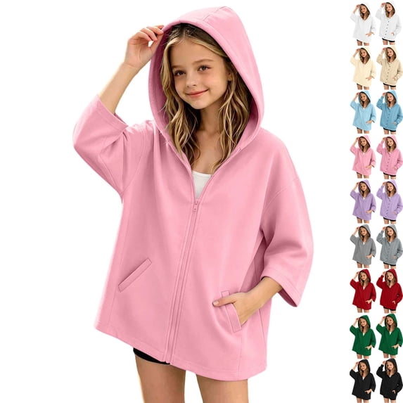 Sweatshirt for Kids Dqueduo Kids' Fashion Solid Color Zip Up Pocket Hoodie Sweatshirt Jacket For Girls, Sizes 5-16 Years