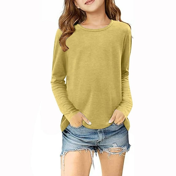 Sweatshirt for Kids New Teen Girls Solid Color Shirts Lightweight Long Sleeve Tops Fall Fashion Crew Neck Pullover Yellow 9 Years