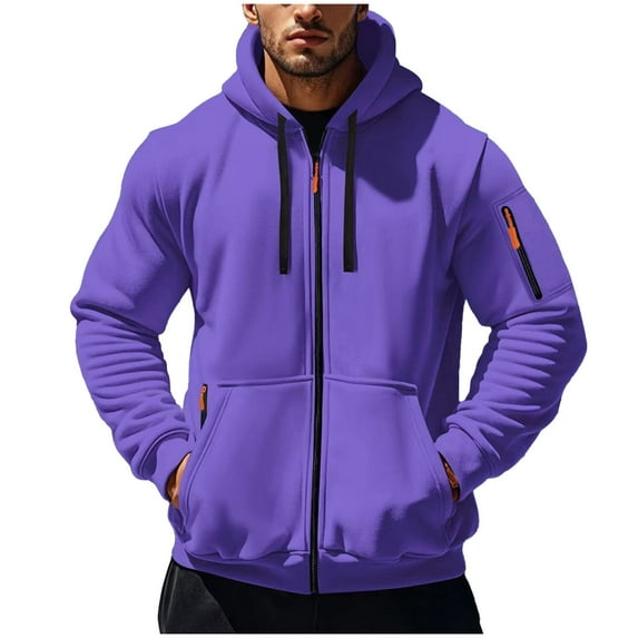 Sweatshirt for Men Casual Fashion Solid Color Hooded Long-Sleeve Zip Pocket Outwear/Jackets Fall Outfits Fashion Clothes on Clearance