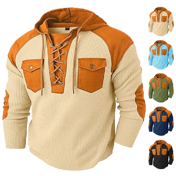 Sweatshirt for Men Drawstring Hooded Color Blocked Long Sleeve Sweatshirt