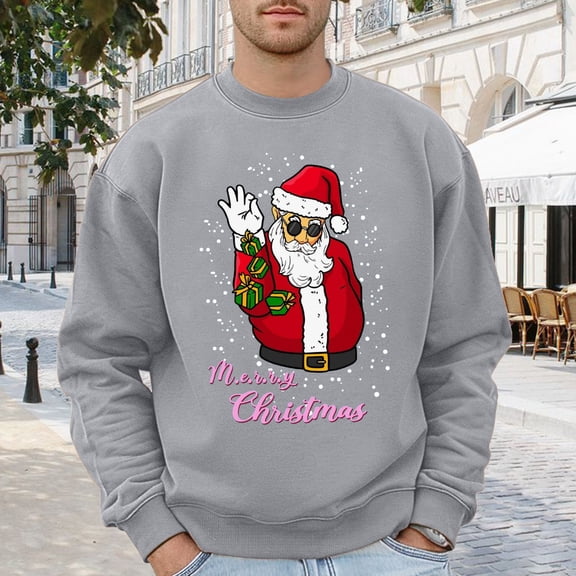 Sweatshirt for Men Funny Santa Printed Pullovers Tops (Grey L)