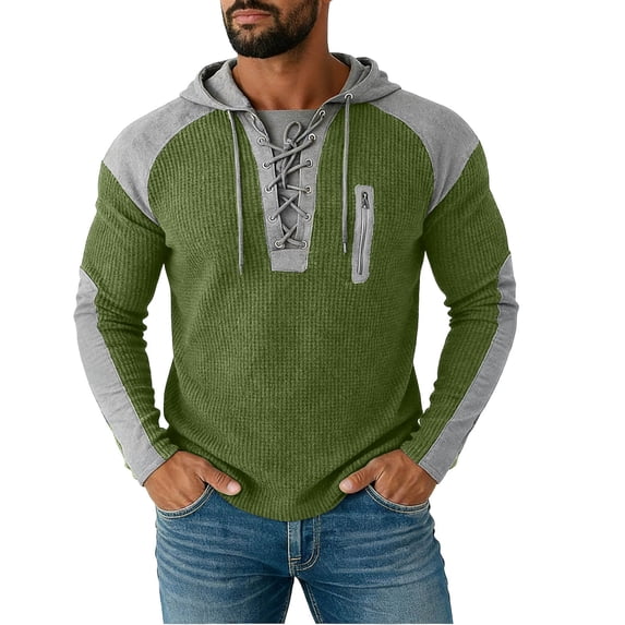 Sweatshirt for Men, Men's Color Block Sweatshirt Hooded Sweater with Lace-Up Neckline, Perfect for Casual and Outdoor Wear Army Green M