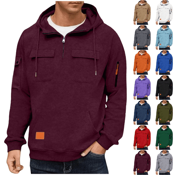 Sweatshirt for Men Quarter Zip Pullover Solid Color Long Sleeved Basic Outdoor Athletic Sweat shirt with Multiple Pockets