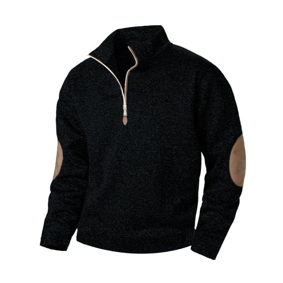 Sweatshirt for Men Quarter Zip Up Stand Collar Athletic Sweaters Fashion Pullover Long Sleeve Tops with Elbow Patches (L, Black)