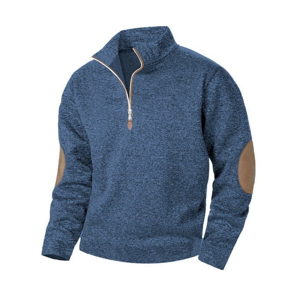 Sweatshirt for Men Quarter Zip Up Stand Collar Athletic Sweaters Fashion Pullover Long Sleeve Tops with Elbow Patches (L, Navy)