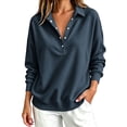 thumbnail image 1 of Sweatshirt for Women Basic Long Sleeve Sweatshirts Casual Fleece Button Henley Neck Pullover Dark Blue M, 1 of 4