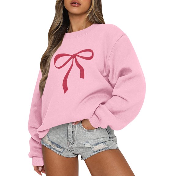 Sweatshirt for Women Casual Cute Bow Pattern Crewneck Long Sleeve Baggy Sweatshirt Top Trendy Aesthetic Clothes