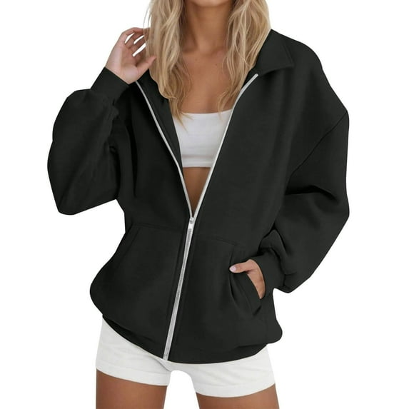 Sweatshirt for Women,Casual Fashion Solid Color Zipper Hoodless Sweatshirt Comfortable Long Sleeve Top,Hoodies for Women,2XL,Z05 Black