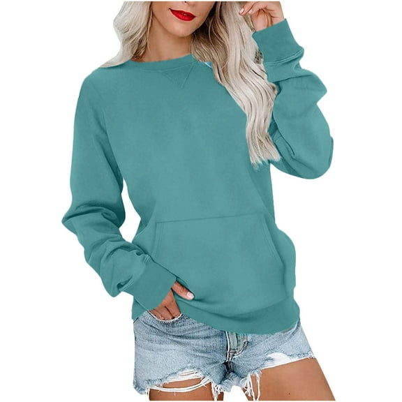 Sweatshirt for Women Casual Soild Color Crewneck Long Sleeve Loose Pullover Tops with Pocket
