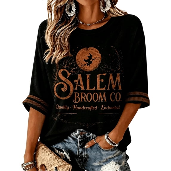 Sweatshirt for Women Crew Neck 3/4 Sleeve Pullover Vintage Broom Witch Moon Graphic Top Relaxed Fit Casual Fall Halloween Festival Wear Black XL