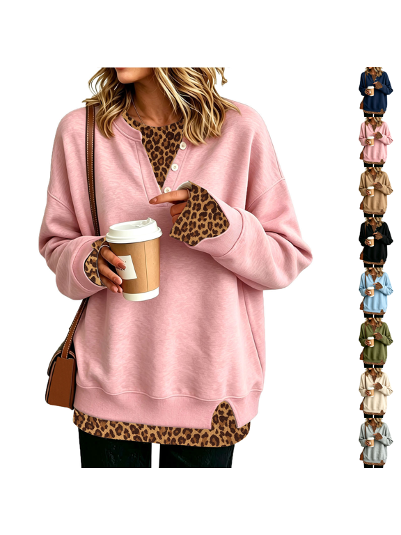 Sweatshirt for Women Crewneck Long Sleeve Leopard Pullover Tops 2-In-1 Layered, Fall Winter Daily Layering, Casual School Teacher Pink 3XL
