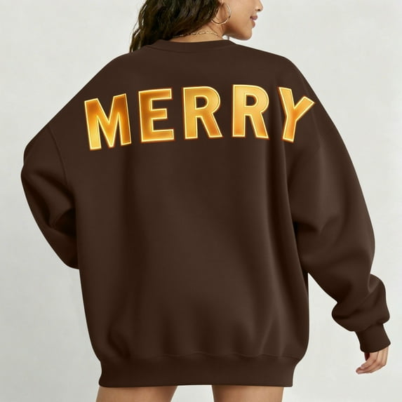 Sweatshirt for Women Crewneck Long Sleeve Oversized Fleece Pullover Christmas Letter Print Blouse Fall Winter Cozy Lounge Sweatshirt,Coffee,M