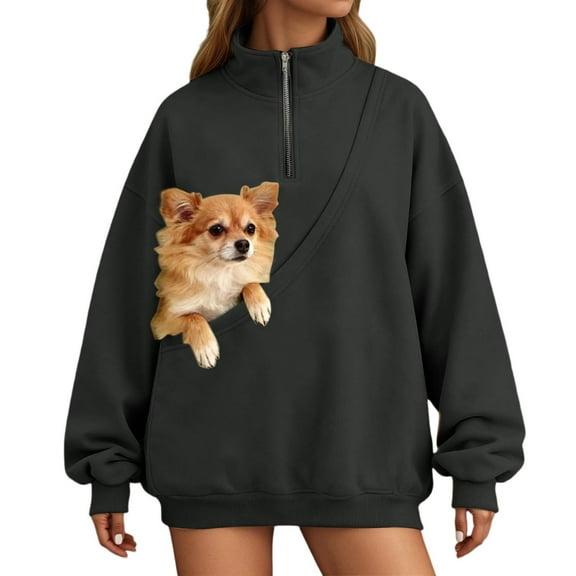 Sweatshirt for Women Dog Cat Pouch Soft Fleece Half Zip Long Sleeve Tops Fall Trendy Casual Relaxed Fit Pullover Blouses